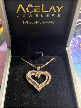 Rose Gold Over S925 .80 CTW Black & White Open Heart Moissanite Pendant